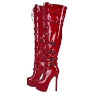 Plateau Overknee Langschaft Stiefel mit Stilettos High Heels Lack Rot