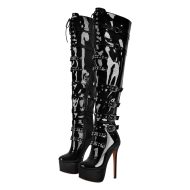 Plateau Overknee Langschaft Stiefel mit Stilettos High Heels Lack Rot - Image 2