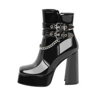 Plateau Stiefeletten verzierte Schnallen Metallketten Knöchelstiefel Blockabsatz