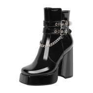 Plateau Stiefeletten verzierte Schnallen Metallketten Knöchelstiefel Blockabsatz - Image 2