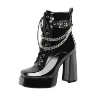 Plateau Schnürstiefel verzierte Schnallen Metallketten Knöchelstiefel Blockabsatz - Image 2