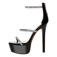 Plateau Riemchensandalen mit Strass Riemchen Schnallen Pfennigabsatz Stilettos High Heels