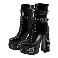 Schnür Plateau Stiefeletten mit Metallnieten Schnalle - Image 2