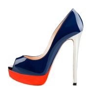 Blaue Retro Peep Toe Stiletto Pumps mit rotem Plateau